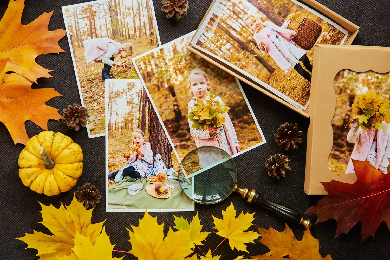 Kolaż jesiennych fotografii dziecka w otoczeniu spadających liści i dyni, tworzący ciepłą i nostalgicznie atmosferę sezonu.